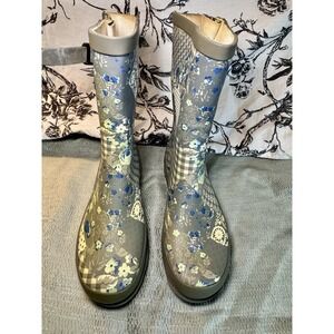 Western Chief Gray Blue Green Floral Patchwork PLaid Rainboots size 6